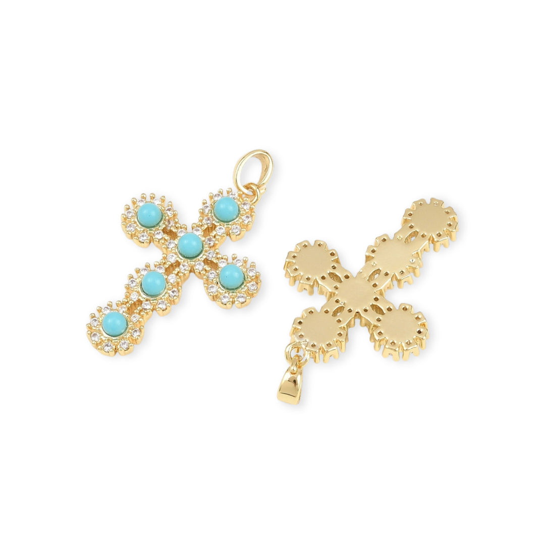 Detalles de Dije de cruz de chapa de oro con zirconia y bolitas de resina
