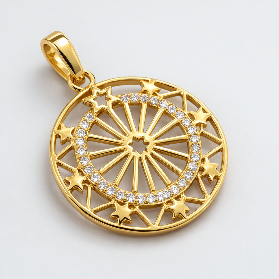 Detalles de Dije circular de sol de chapa de oro con zirconia