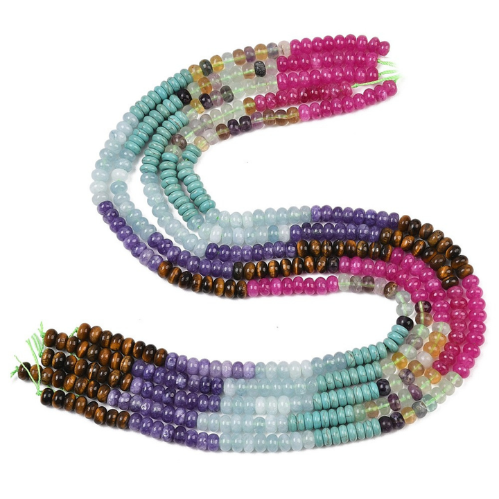 Tira de jade, ojo de tigre, fluorita y turquesa sintética en corte rondel de 6 mm