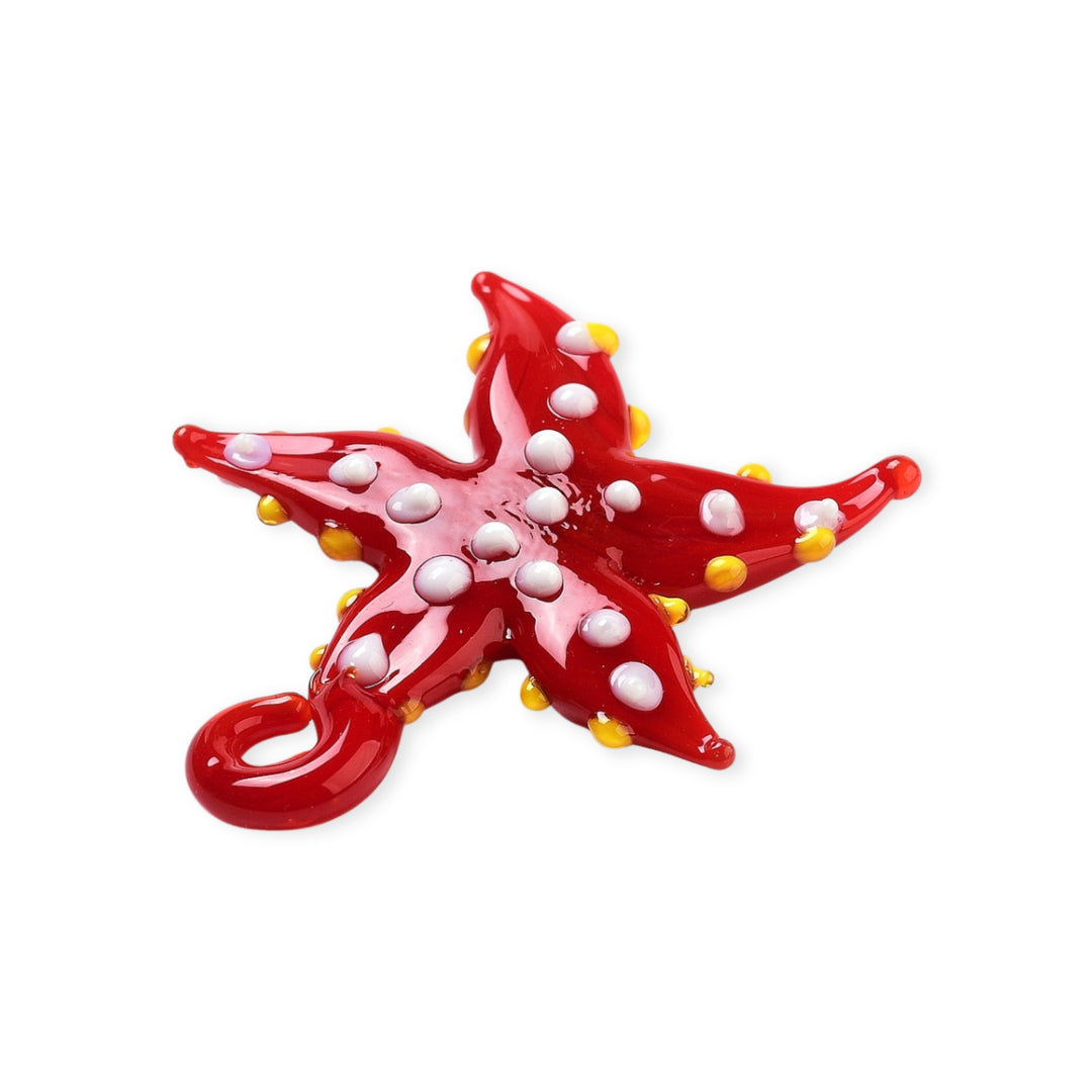 Detalles de Dije de murano en forma de estrella de mar, color rojo con puntos blancos y amarillos