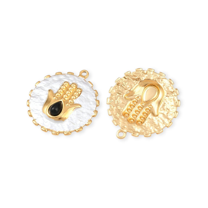 Detalles de dije circular de mano de fátima de acero inoxidable con esmalte