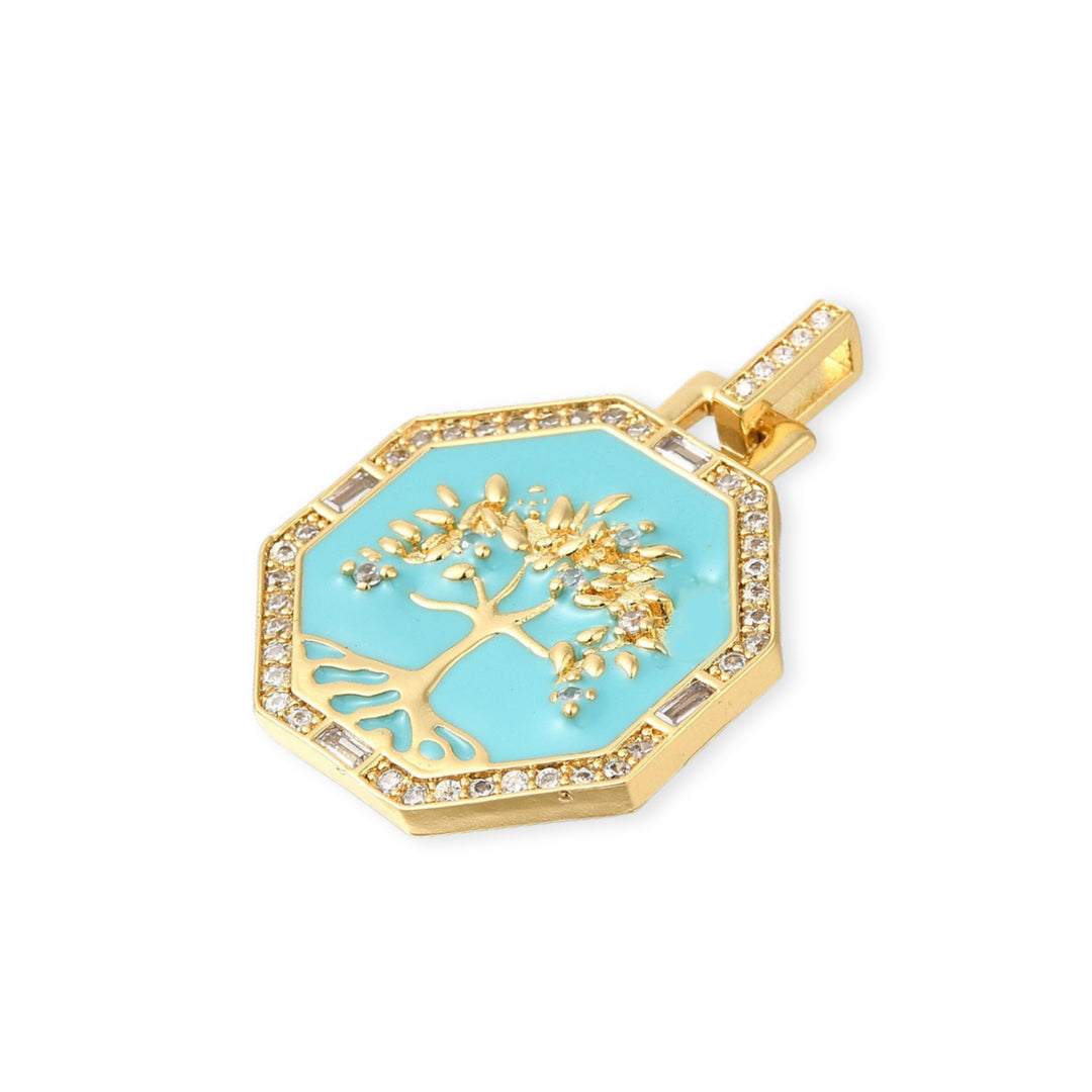 Detalles de Dije octagonal del Árbol de la Vida de chapa de oro con esmalte y zirconia