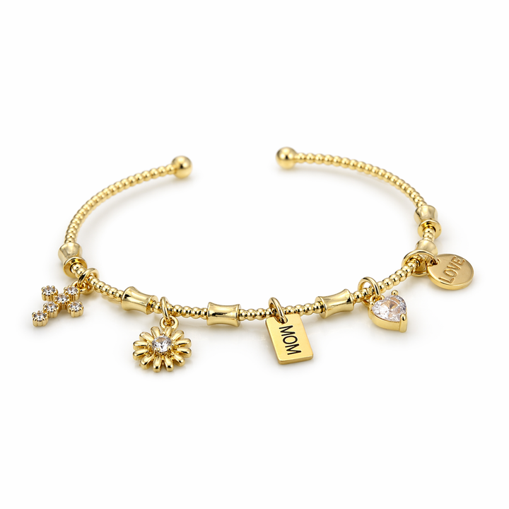 Detalles de Brazalete para mamá con dijes MOM, LOVE, cruz, flor y corazón con zirconia de chapa de oro