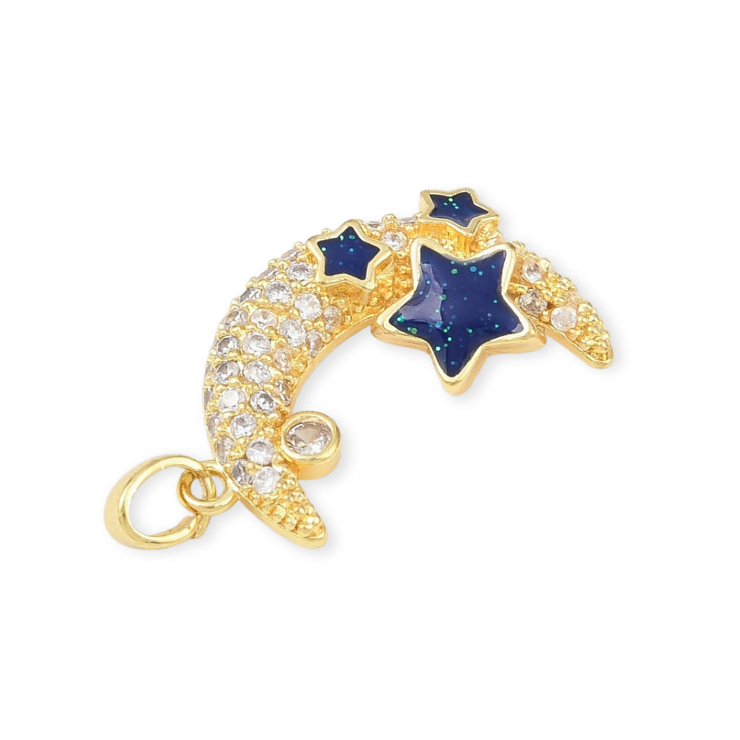 Detalles de Dije de luna y estrellas de chapa de oro con zirconia y esmalte