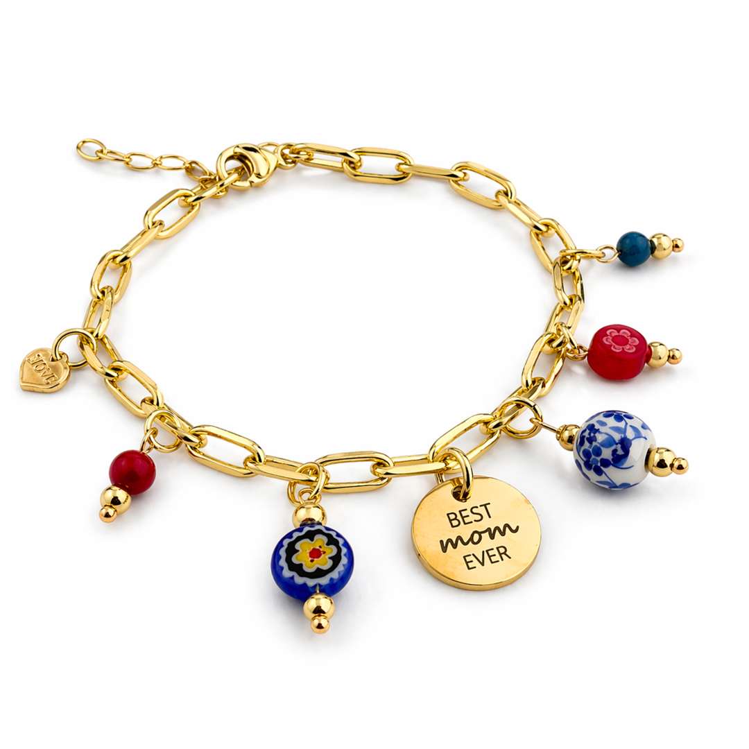Detalles de Brazalete para mamá con murano, cristal, cerámica y dijes Love y Best Mom Ever de acero inoxidable