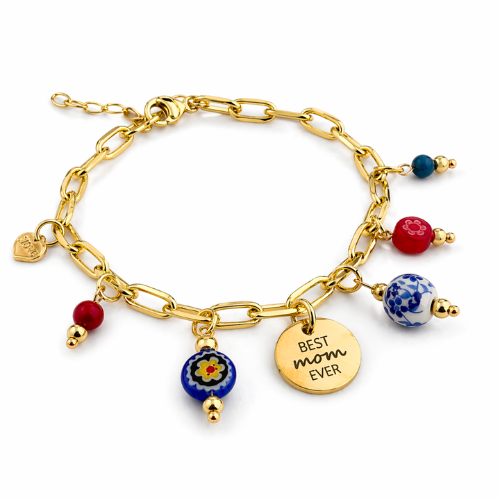 Detalles de Brazalete para mamá con murano, cristal, cerámica y dijes Love y Best Mom Ever de acero inoxidable