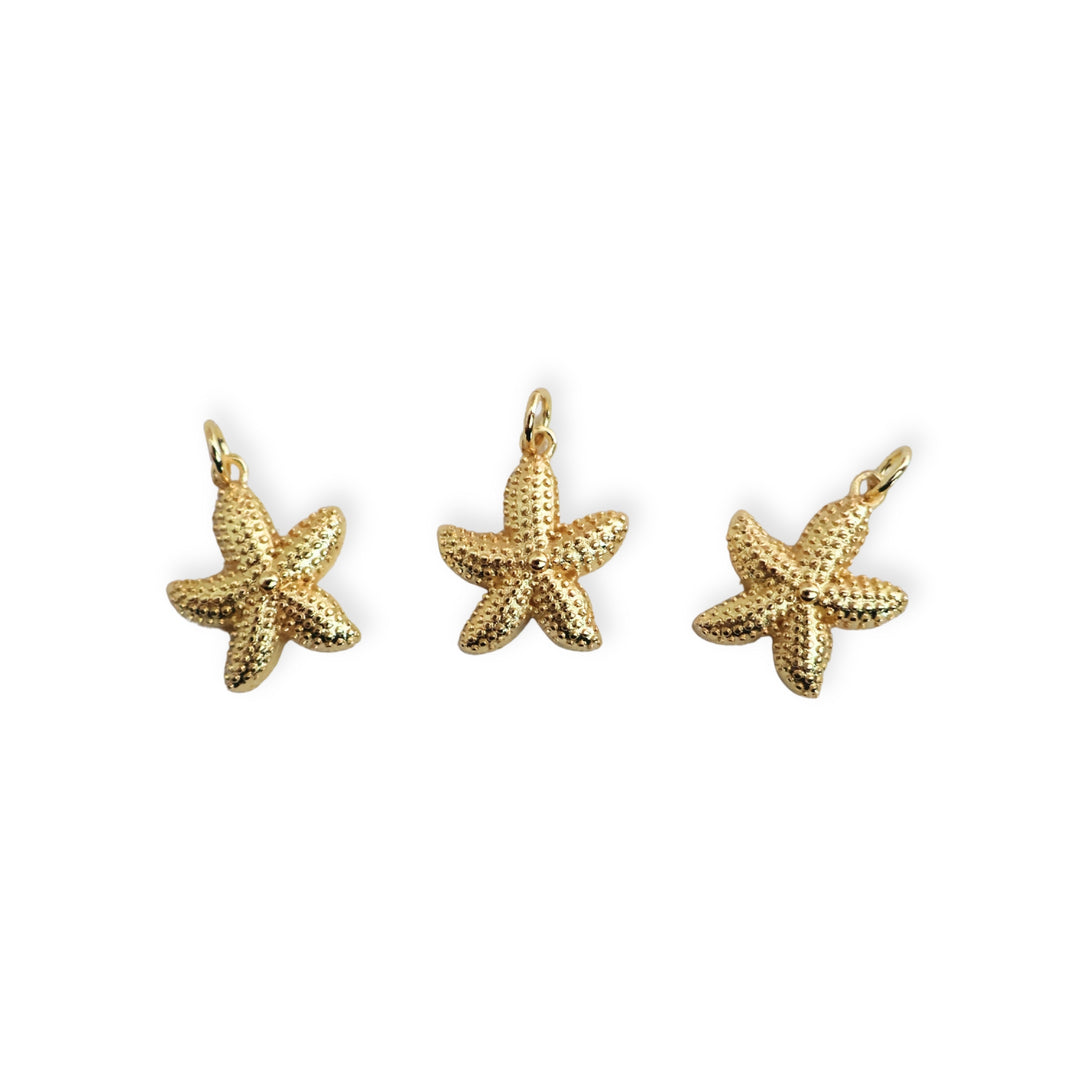 Detalle de dijes de estrella de mar en chapa de oro con textura de puntos sobre fondo blanco