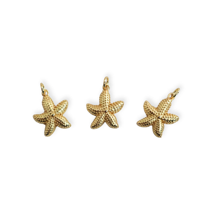 Detalle de dijes de estrella de mar en chapa de oro con textura de puntos sobre fondo blanco