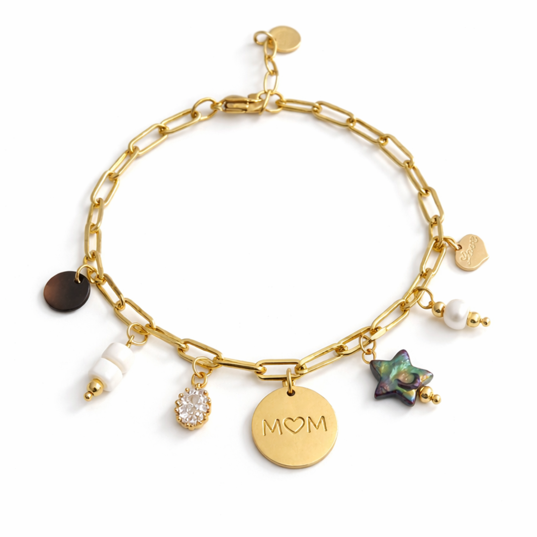 Detalles de Pulsera Sofía con conchas, perla de río, corazón, zirconia y dije Mom de acero inoxidable