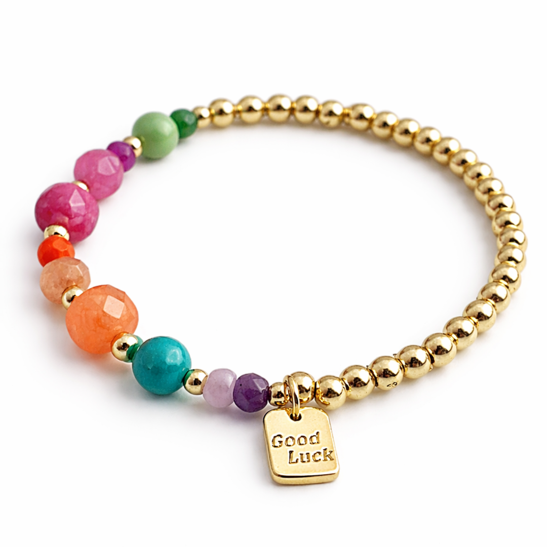 Detalles de Brazalete Good Luck con piedras naturales y separadores de chapa de oro