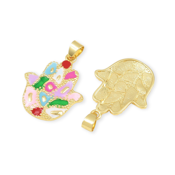 Detalles de Dije de Mano de Fátima de chapa de oro con zirconia y esmalte