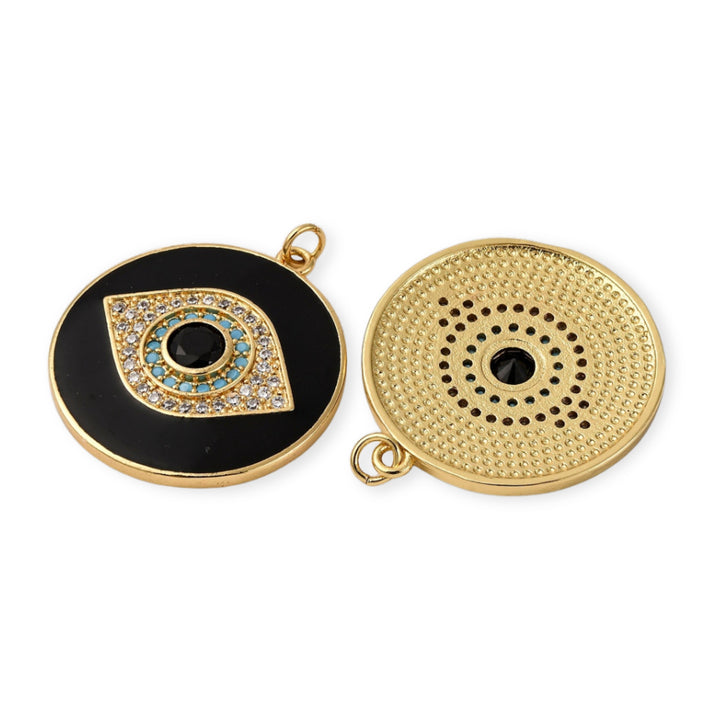 Detalles de Dije circular de ojo turco de chapa de oro con zirconia y esmalte