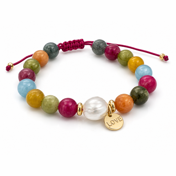 Detalles de Pulsera Love ajustable con jade, perla de río y dije Love de chapa de oro