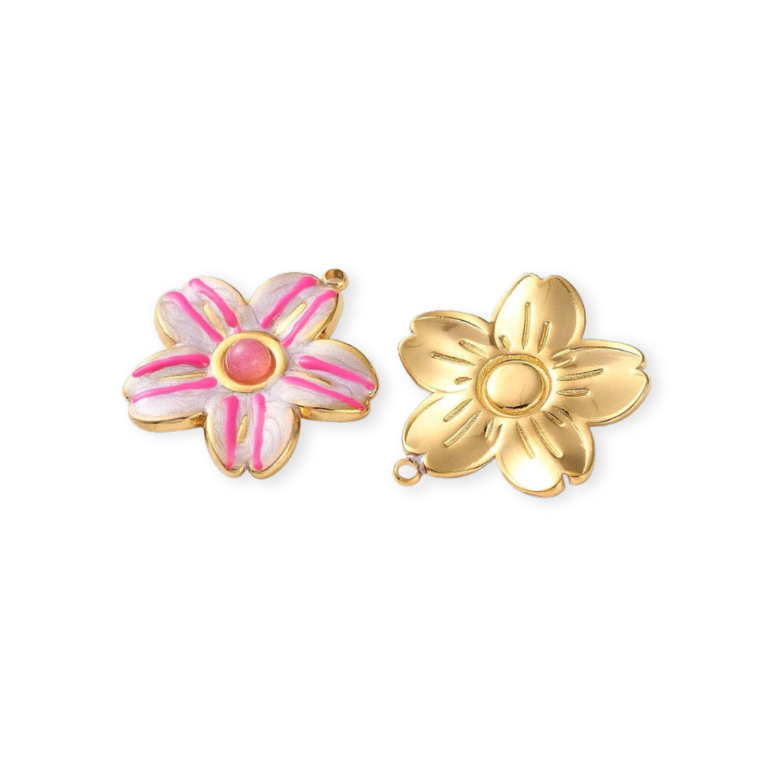Detalles de Dije en forma de flor de acero inoxidable con esmalte rosa