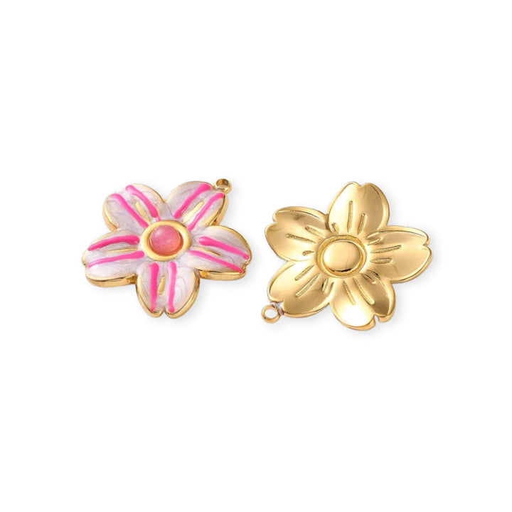 Detalles de Dije en forma de flor de acero inoxidable con esmalte rosa