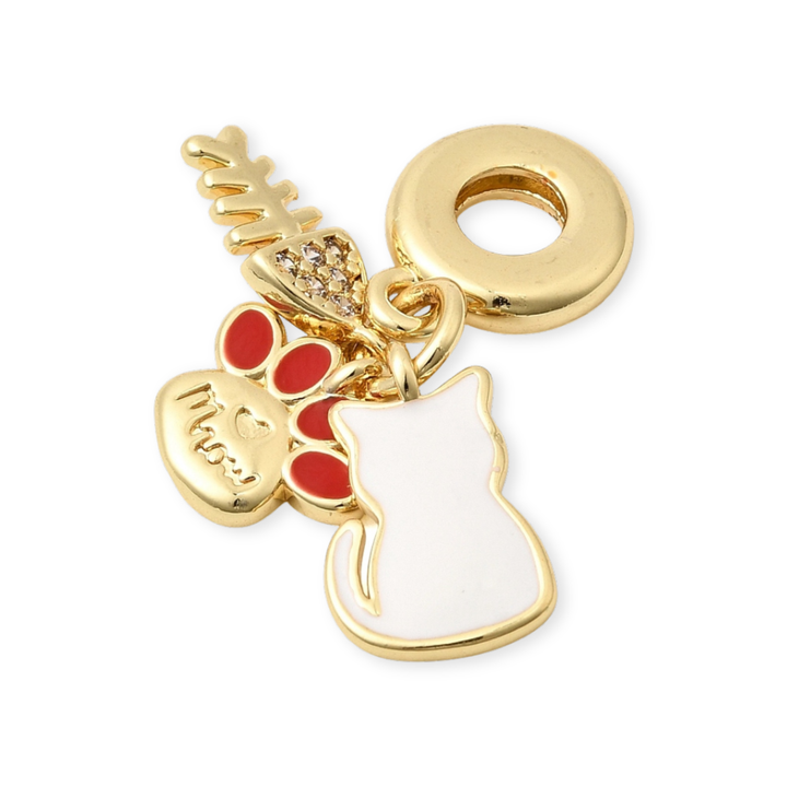 Detalles de Dije multicharm de gato, huella y pez de chapa de oro con zirconia y esmalte