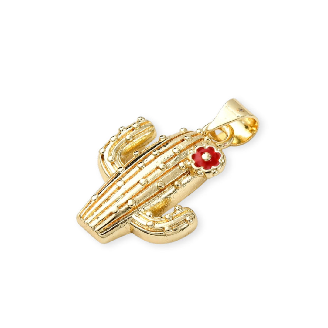 Detalles de Dije de cactus con flor de chapa de oro con esmalte