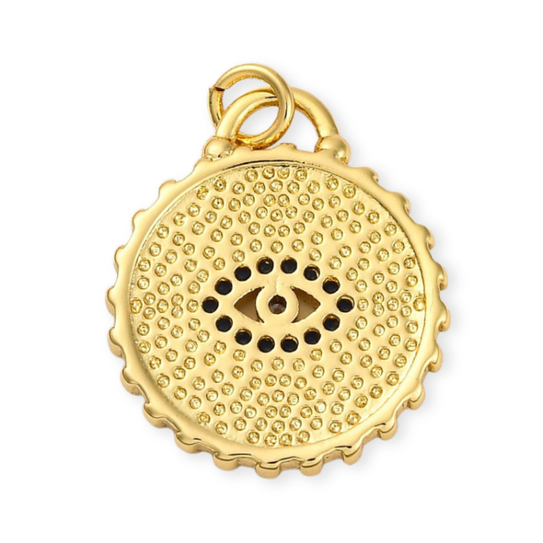 Detalles de Dije circular dorado con ojo turco y zirconias en chapa de oro