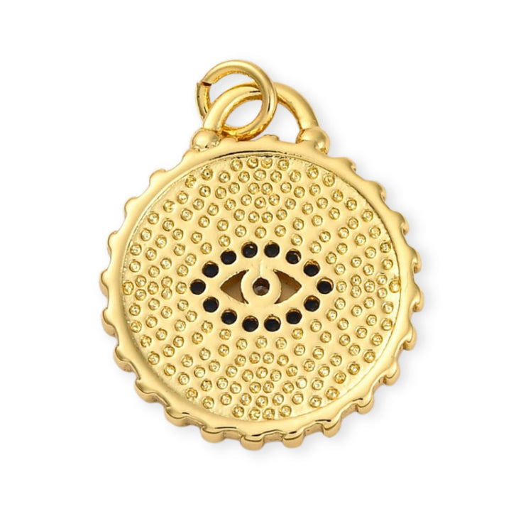 Detalles de Dije circular dorado con ojo turco y zirconias en chapa de oro