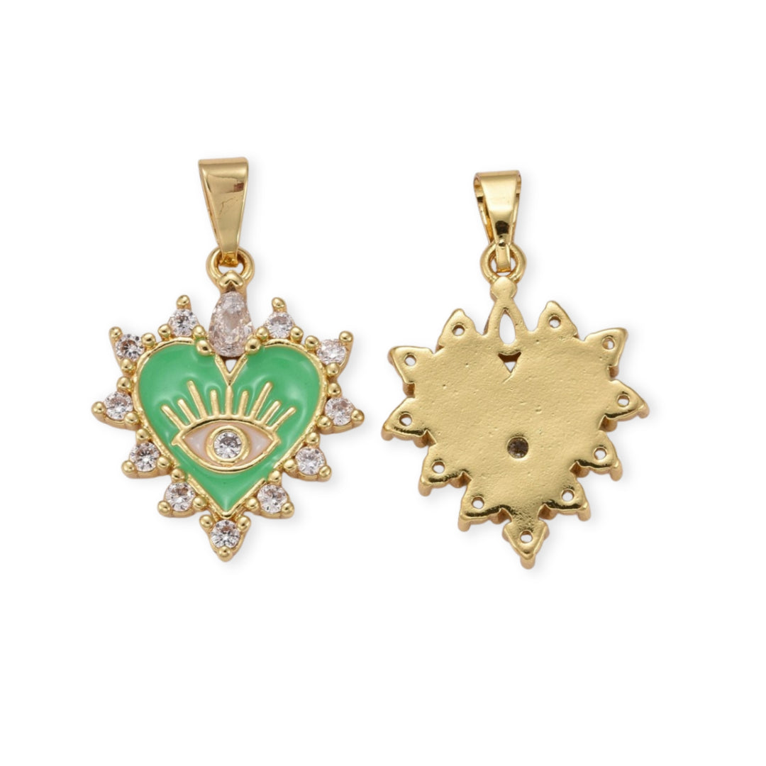 Detalles de Dije de corazón con ojo de chapa de oro con zirconia y esmalte