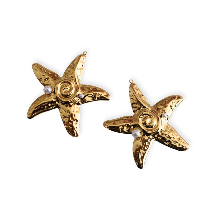 Detalles de dijes de acero inoxidable en forma de estrella de mar con dos perlas sintéticas decorativas