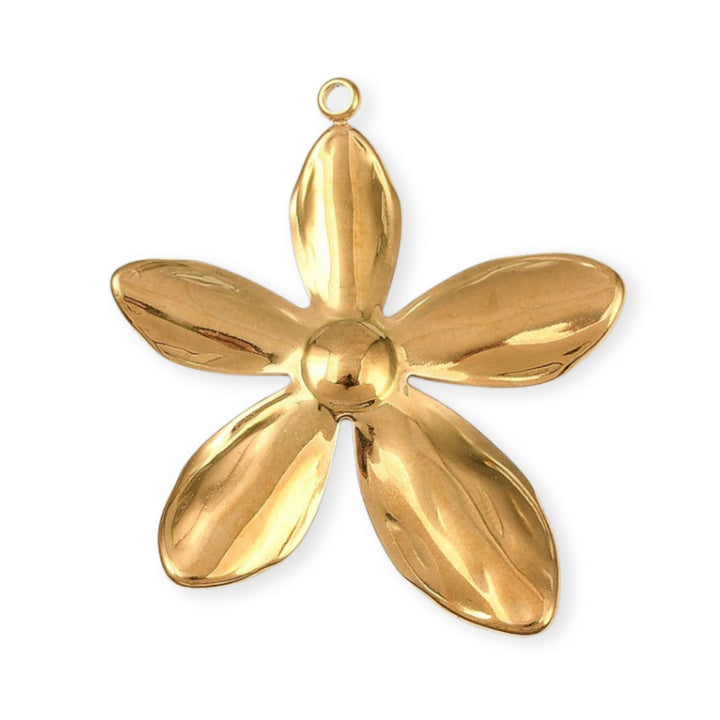 Detalles de Dije flor de acero inoxidable con perla sintética en el centro sobre fondo blanco