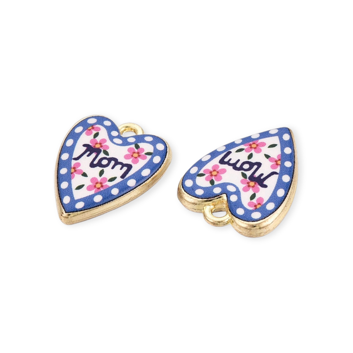 Detalles de Dije "Mom" en forma de corazón de chapa de oro con esmalte