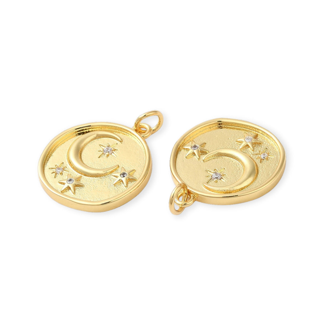 Detalles de Dije circular de luna y estrellas de chapa de oro con zirconia