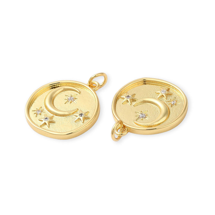 Detalles de Dije circular de luna y estrellas de chapa de oro con zirconia