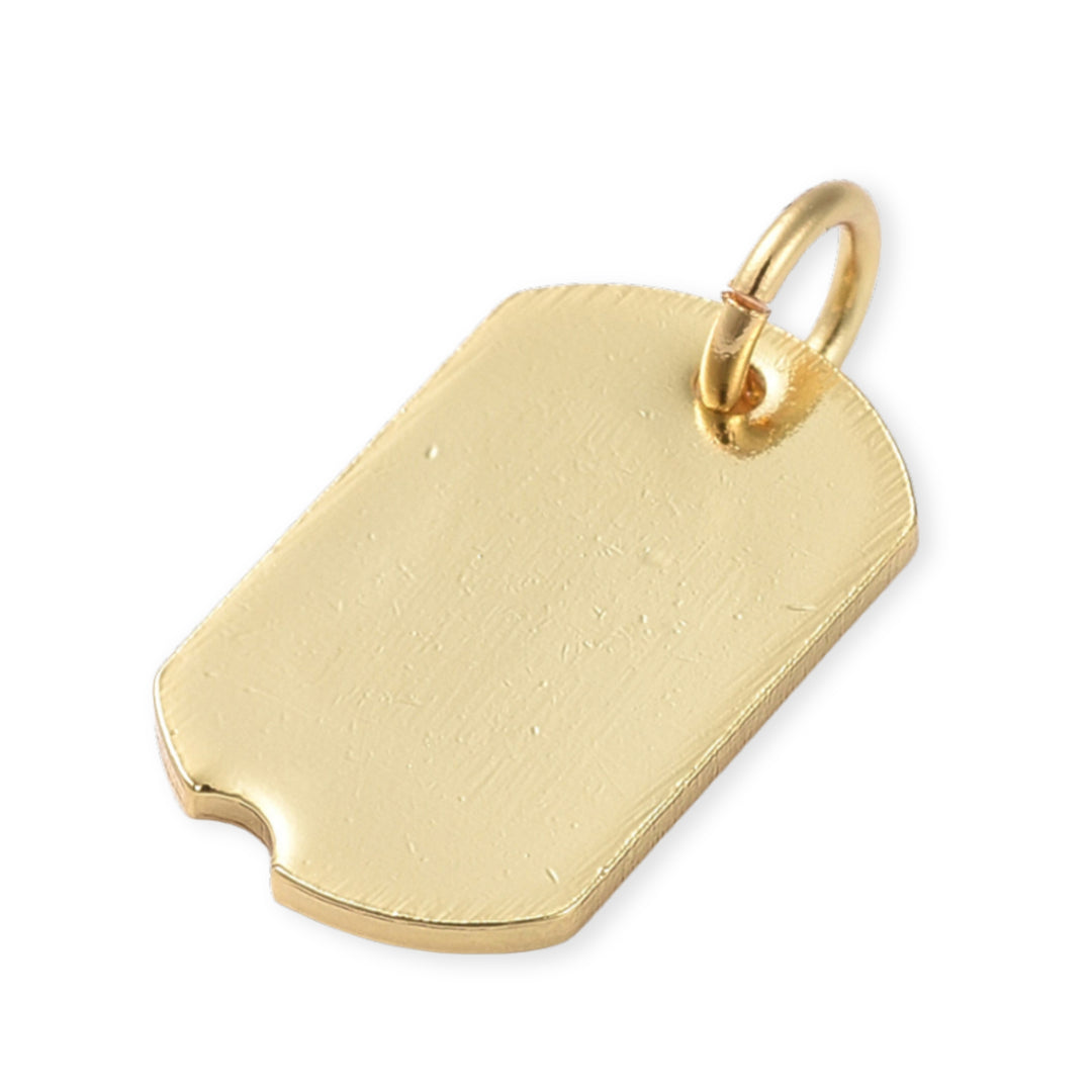 Detalles de Dije plaquita dorada con grabado "Good Luck" sobre fondo blanco