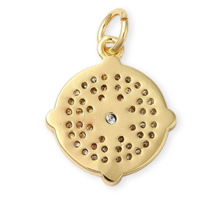 Detalles de Dije circular dorado con estrella al centro y zirconia