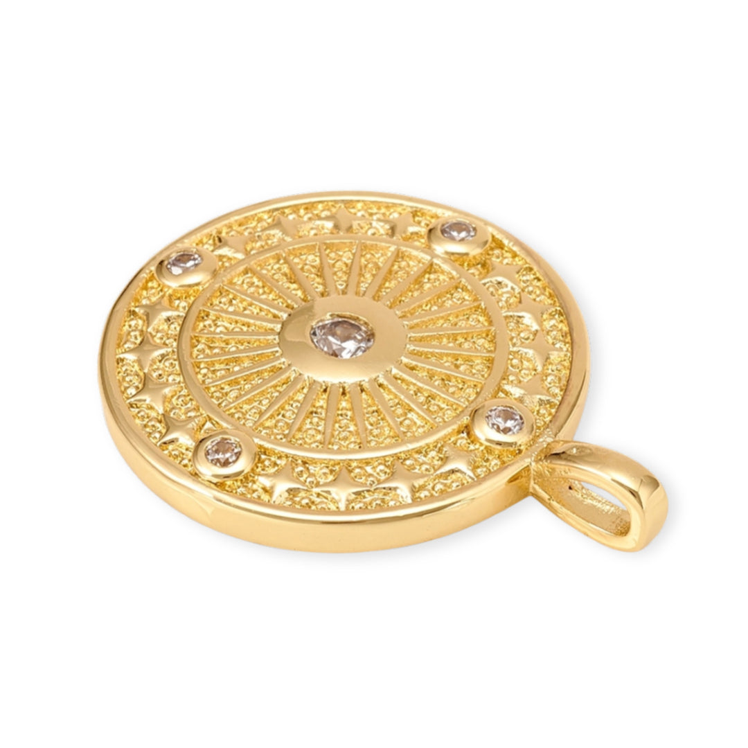 Detalles de Dije circular de sol de chapa de oro con zirconia