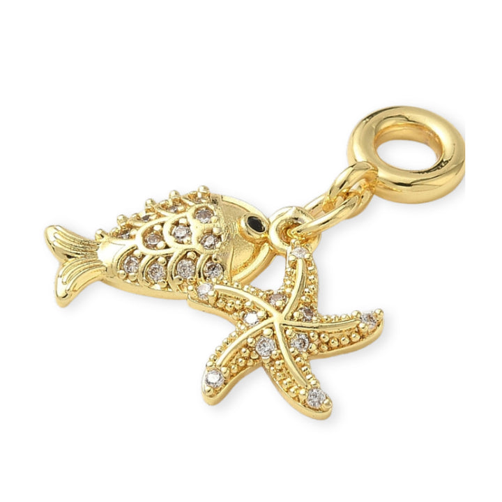 Detalles de Dije multicharm de pez y estrella de mar de chapa de oro con zirconia