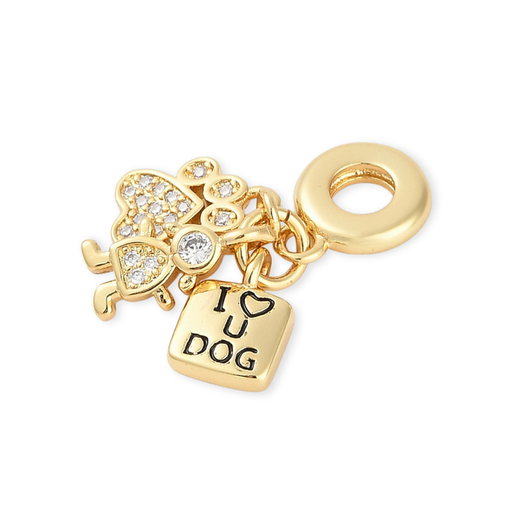 Detalles de Dije multicharm I Love You Dog de chapa de oro con zirconia
