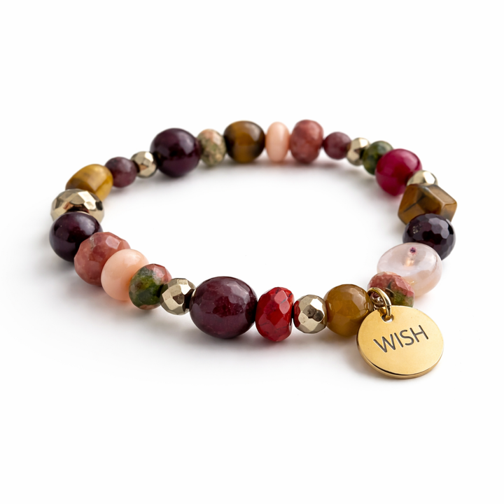 Detalles de Brazalete elástico con piedras naturales, hematita y dije Wish de acero inoxidable