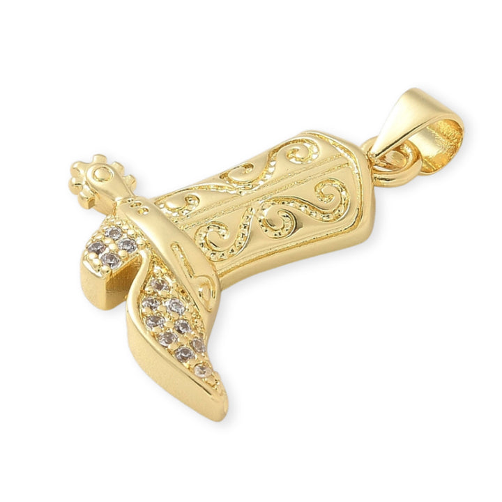 Detalles de Dije dorado en forma de bota con zirconias incrustadas