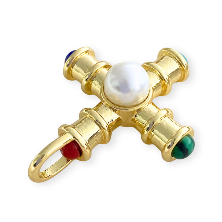 Detalles de Dije de cruz de chapa de oro con perla sintética al centro
