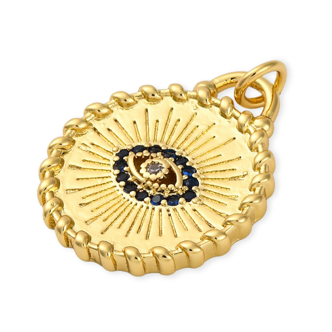 Detalles de Dije circular dorado con ojo turco y zirconias en chapa de oro
