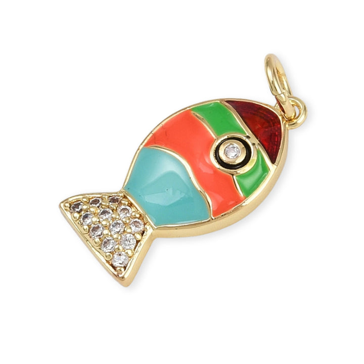 Detalles de Dije de pez de chapa de oro con zirconia y esmalte