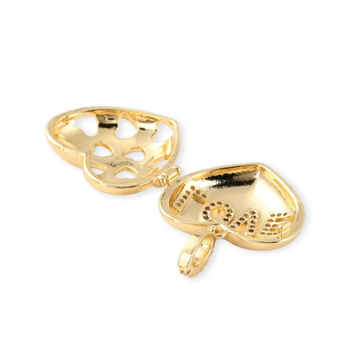 Detalles de Dije relicario en forma de corazón con palabra Love en zirconia