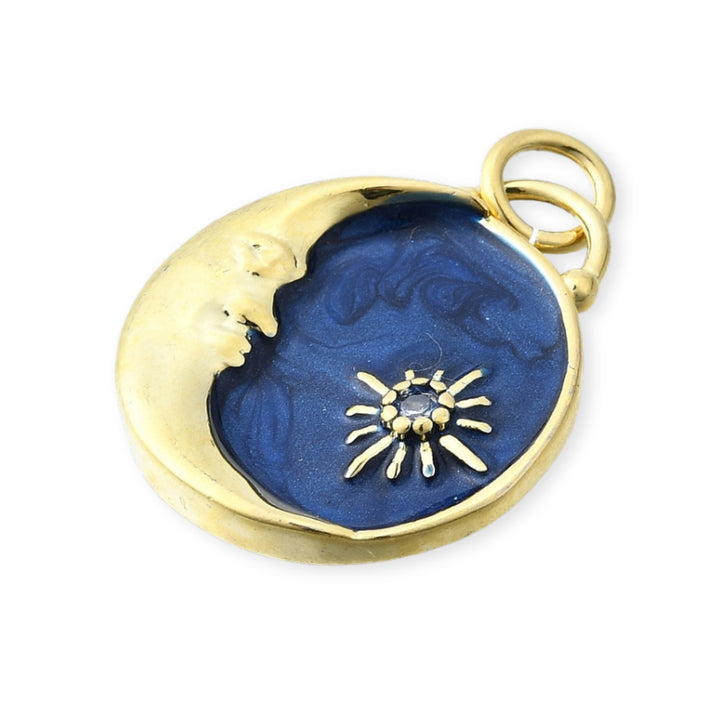 Detalles de Dije circular con luna y estrella en esmalte azul y zirconia