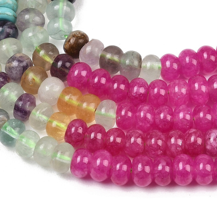 Tira de piedras naturales rondel de 4.5 mm con aventurina roja, jade blanco teñido, topaz jade, cuarzo y aventurina verde