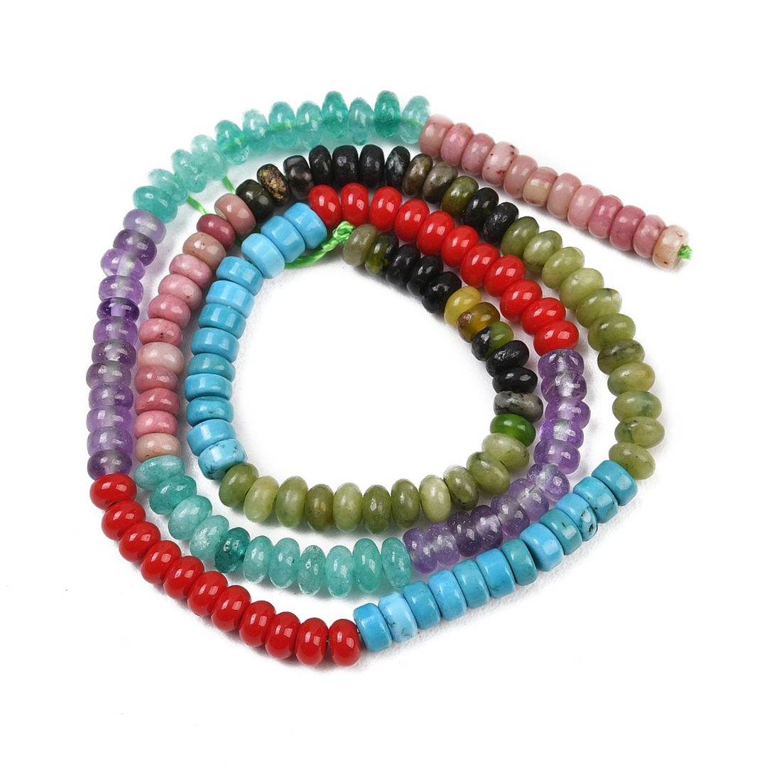 Tira de piedras naturales rondel de 4.5 mm con jade, amatista, rodonita, ágata y turquesa sintética