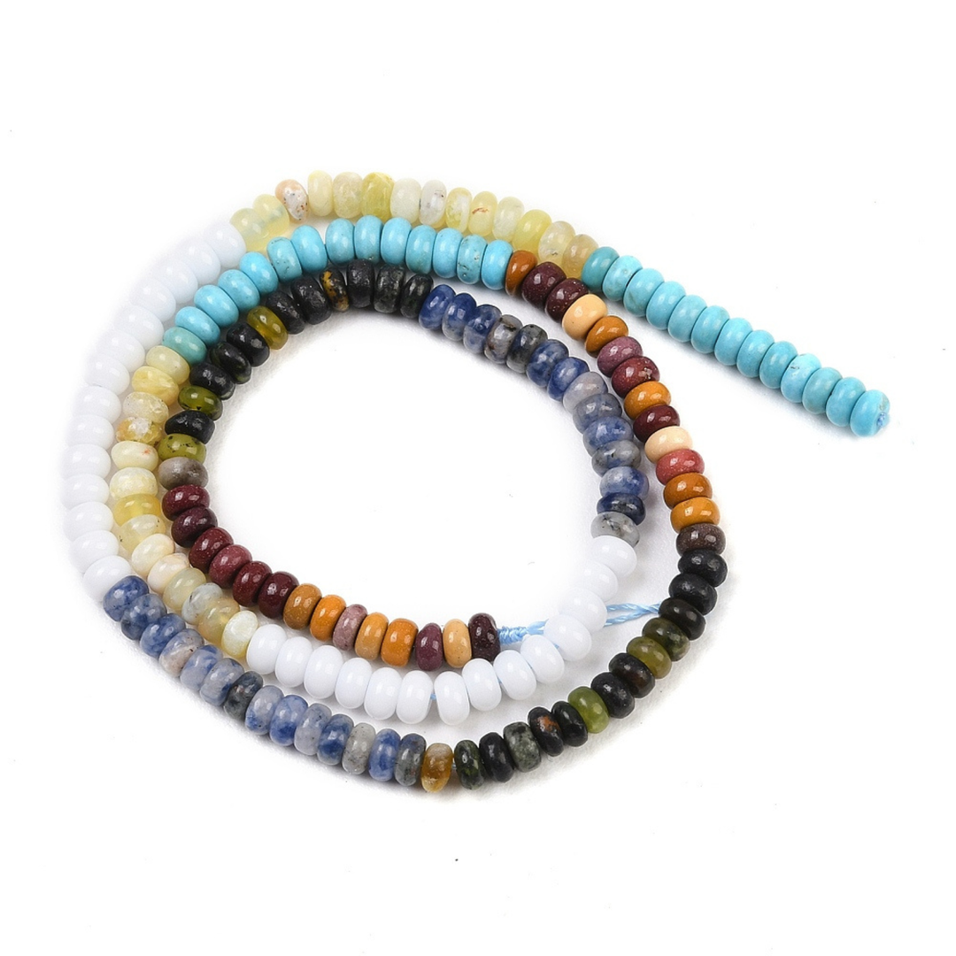 Tira de piedras naturales rondel de 4.5 mm con turquesa sintética, sodalita, jaspe policromo, jade y cuarzo