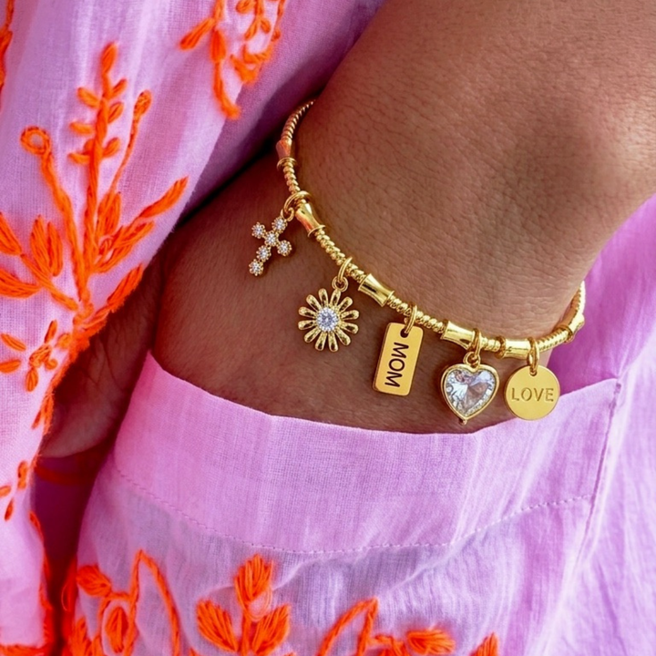 Detalles de Brazalete para mamá con dijes MOM, LOVE, cruz, flor y corazón con zirconia de chapa de oro