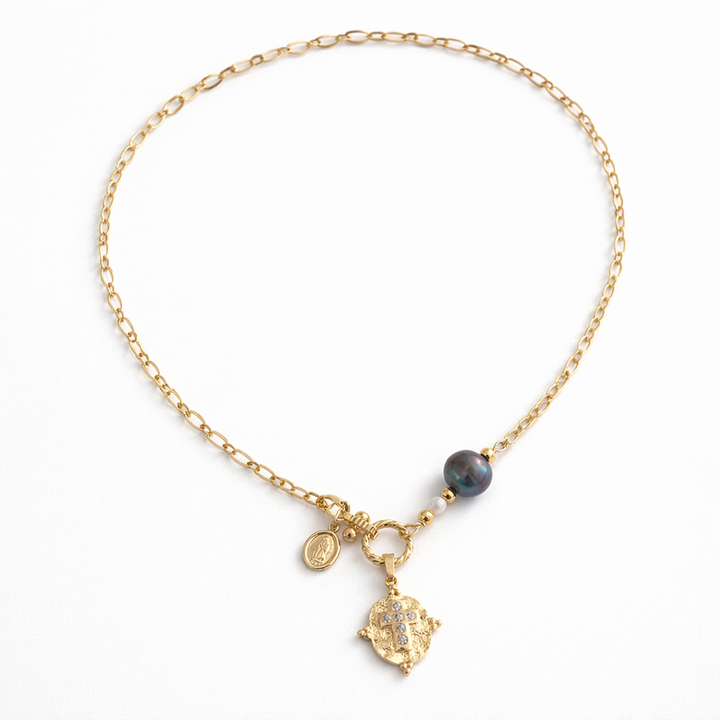 Detalles de Collar religioso de chapa de oro con perla de río, perla cultivada, cruz con zirconia y Virgen