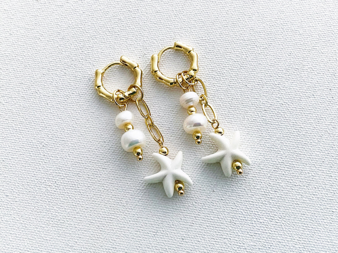 Arracadas Almendra – perlitas y estrella de mar blanca