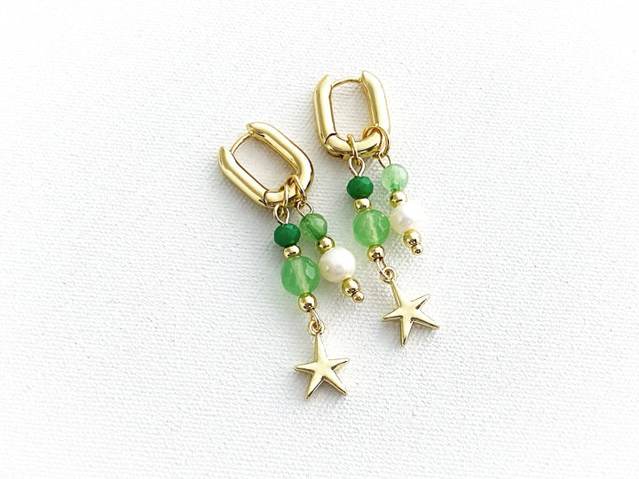 Arracadas Mar Serena con piedras naturales, perla de río y dije de estrella de mar dorada